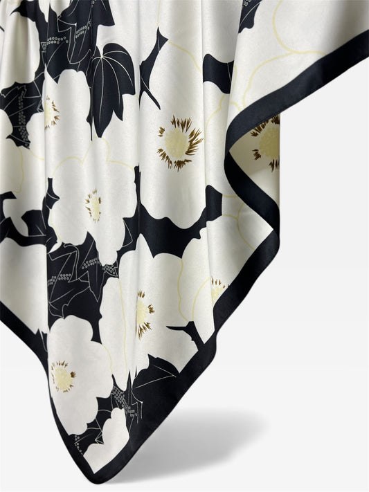Square Hijab Silk - Black and white flower