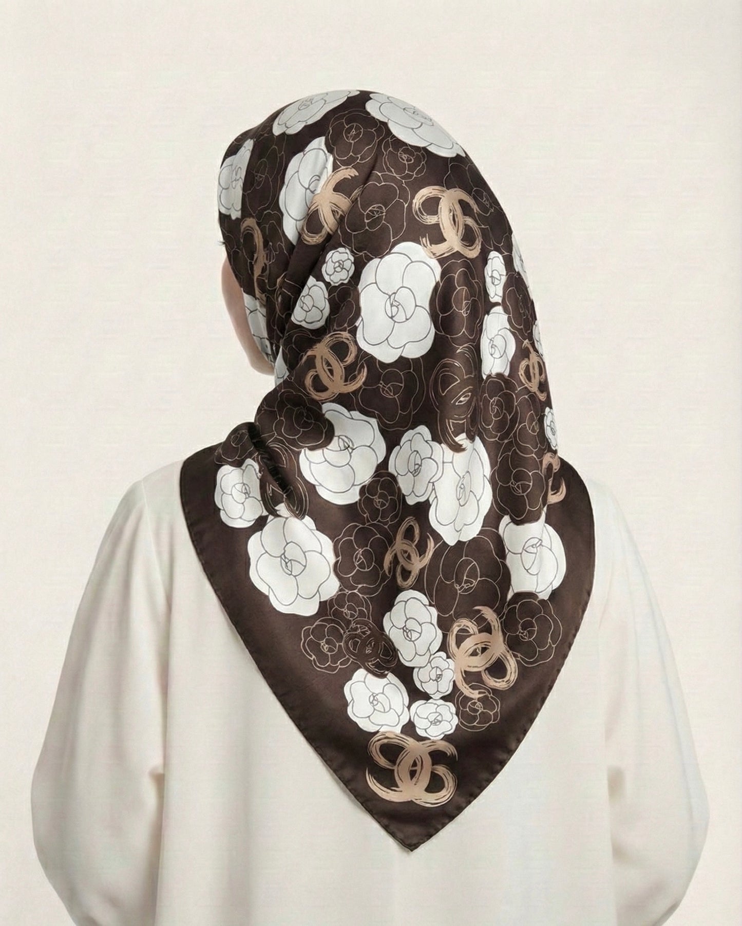 Square Hijab Silk - Floral Brown 